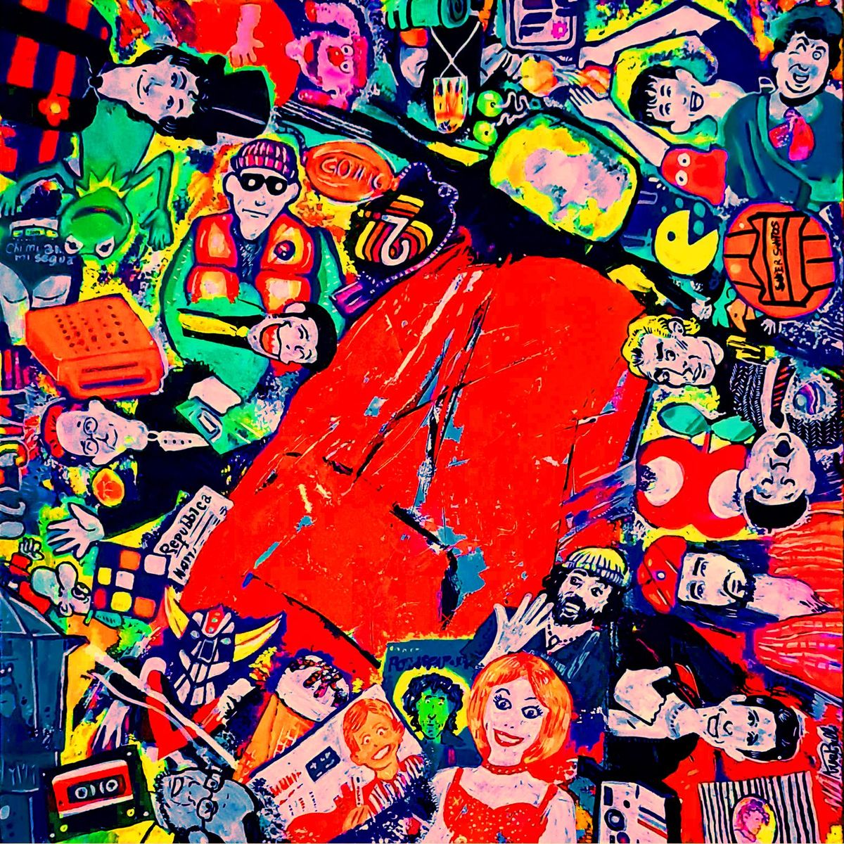 Dipinto pop dai colori accesi: volti, personaggi dei cartoni animati, videogiochi e musicassette attorno a una grande sagoma rossa