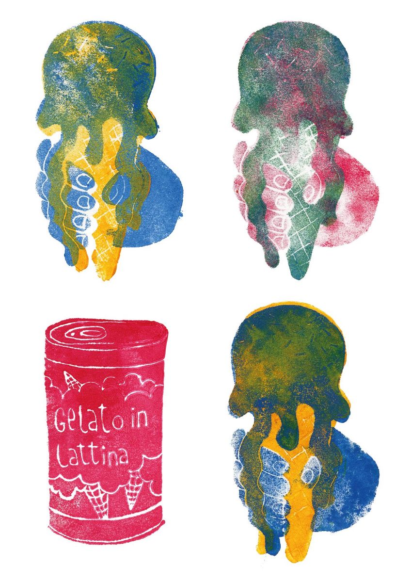Stampe a colori: tre gelati che si sciolgono e una lattina rosa con la scritta Gelato in lattina