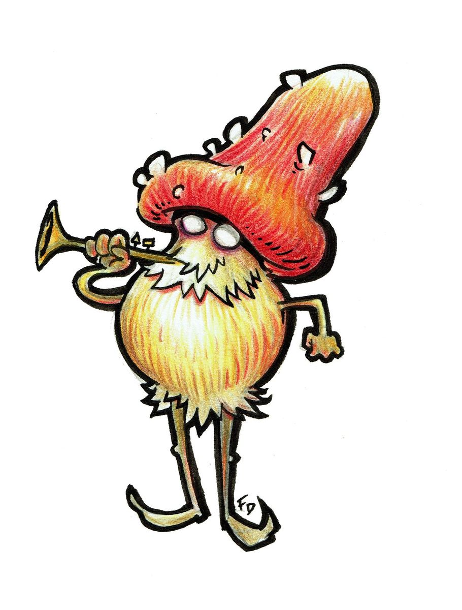 Disegno a colori: un fungo dal cappello rosso, con barba e gambe sottili, che suona la tromba