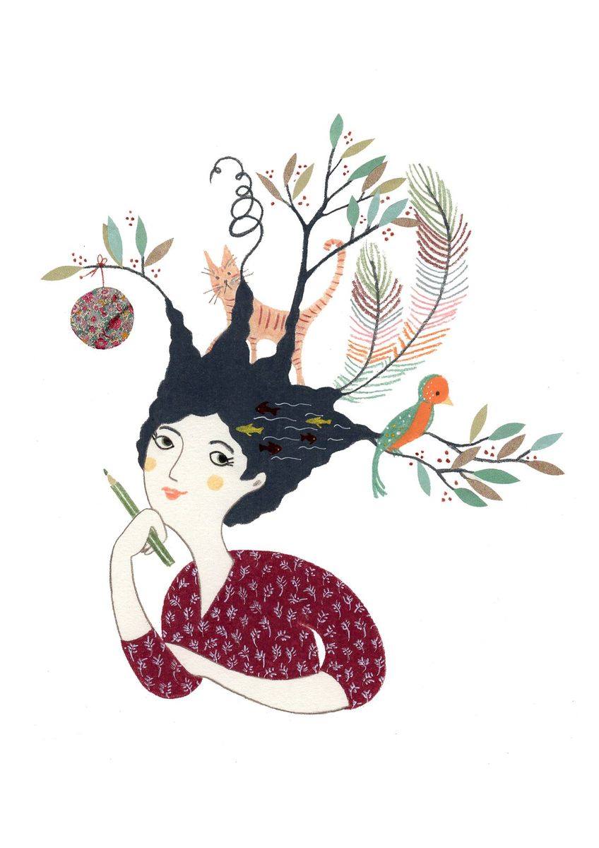 Illustrazione: una donna pensierosa con una matita in mano; dai capelli spuntano rami, foglie, piume e un uccellino