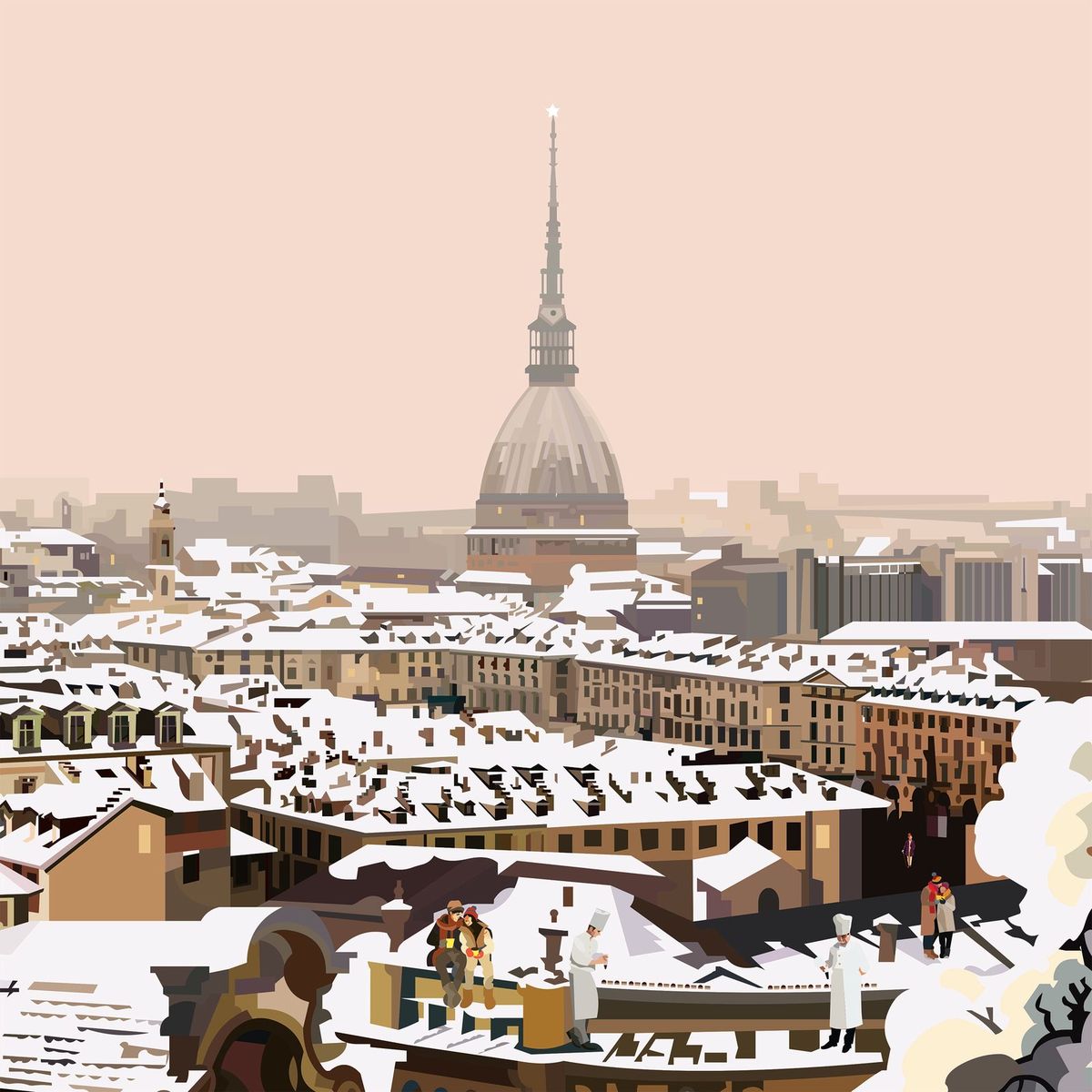 Illustrazione digitale: i tetti innevati di Torino con la Mole Antonelliana, e piccole figure di cuochi e passanti sui tetti
