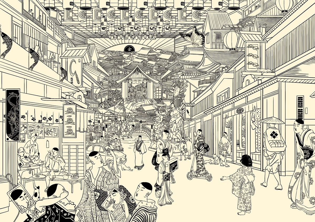 Disegno al tratto su fondo crema: una strada affollata di una città giapponese, tra botteghe, lanterne e figure in kimono