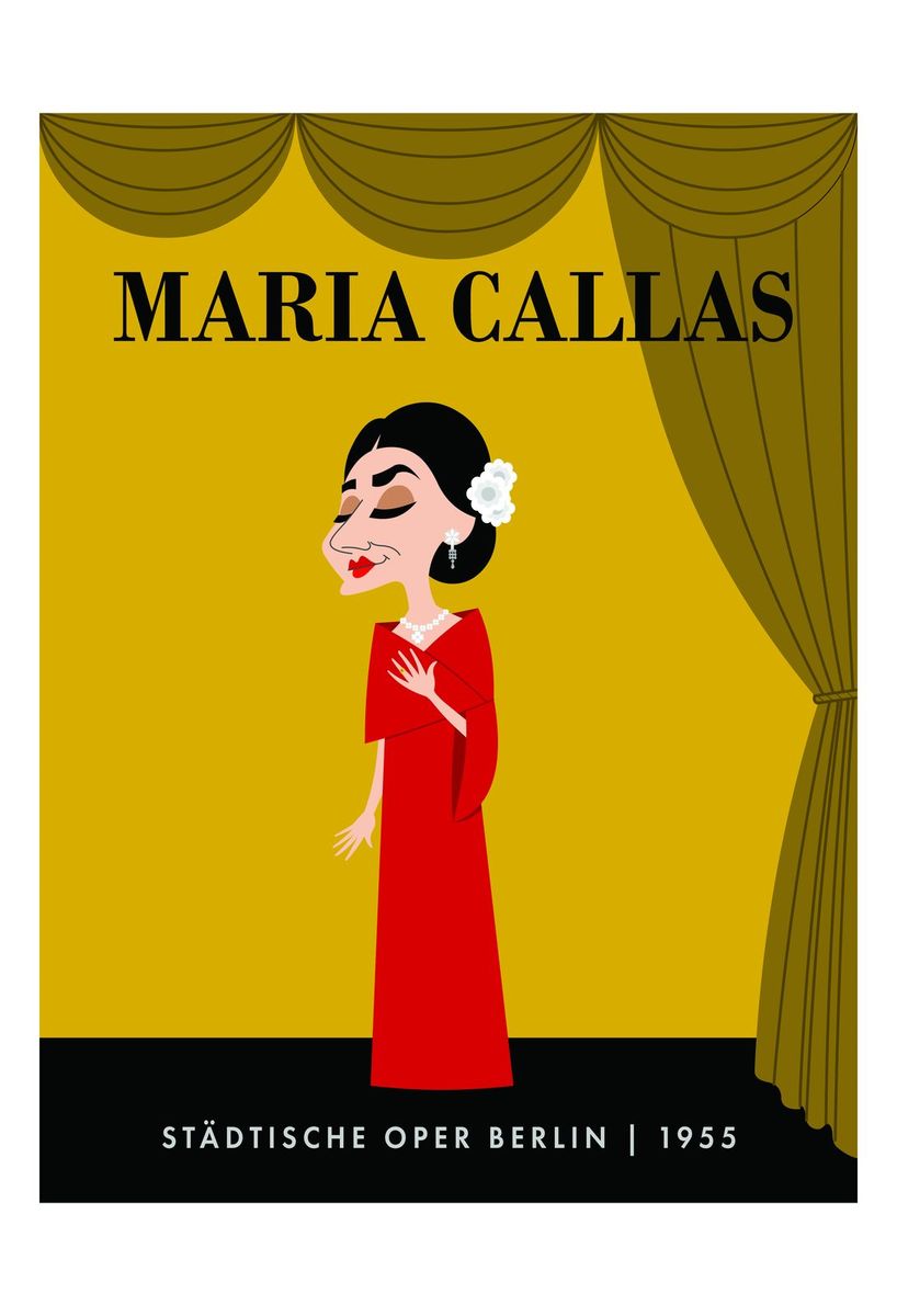 Illustrazione: Maria Callas in abito rosso davanti al sipario, su fondo giallo, con la scritta Städtische Oper Berlin 1955